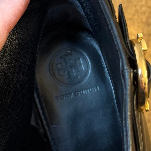 Tory Burch Sophia Ankle Boots Leather Heel Gold Logo Buckle Black Size 10.5 - Picture 8 of 12